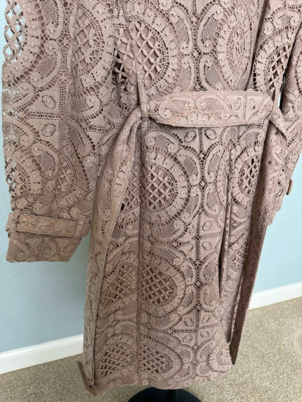 Burberry Lace Overlay Double-Breasted Trench Coat in Dusty Rose - Picture 9 of 12